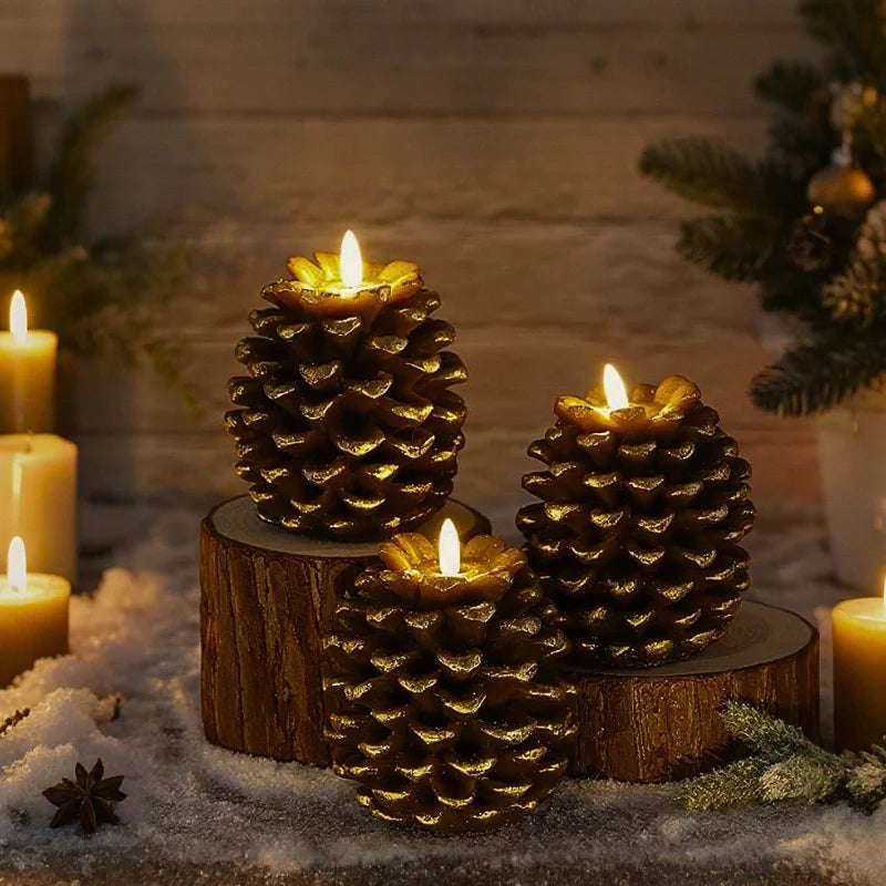 Flammenlose Tannenzapfenkerzen mit Fernbedienung und Timer – Realistischer LED-Flammeneffekt für Gemütlichkeit, 16 x 11 cm
