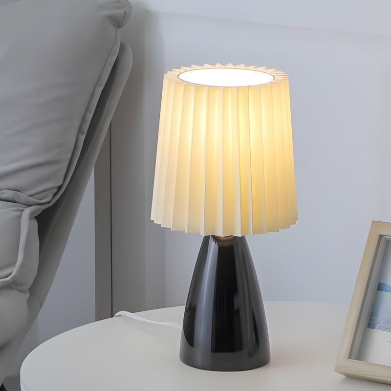 12'' Plissierte Stoffschirm - Tischlampe mit Glasbasis und USB, Dimmbar mit 1 Lichtpunkt