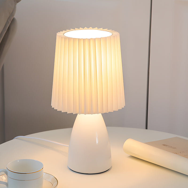 12'' Plissierte Stoffschirm - Tischlampe mit Glasbasis und USB, Dimmbar mit 1 Lichtpunkt
