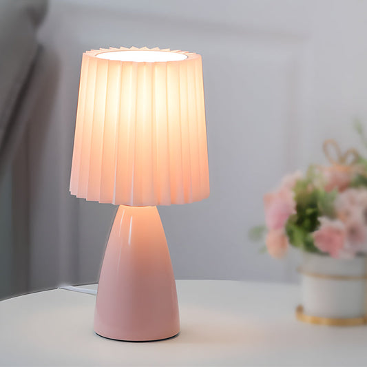 12'' Plissierte Stoffschirm - Tischlampe mit Glasbasis und USB, Dimmbar mit 1 Lichtpunkt