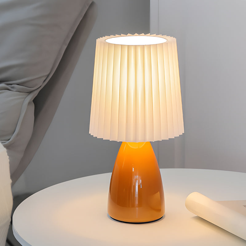 12'' Plissierte Stoffschirm - Tischlampe mit Glasbasis und USB, Dimmbar mit 1 Lichtpunkt