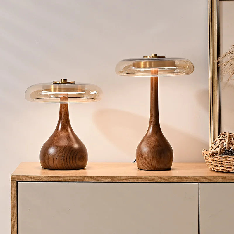 Mushen - Dimmable Desk Lamp LED in Mushroom Design made of Wood and Glass