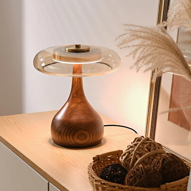 Mushen - Dimmable Desk Lamp LED in Mushroom Design made of Wood and Glass