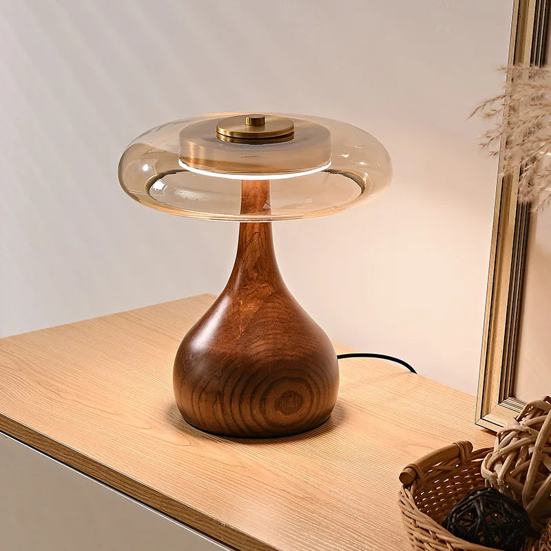 Mushen - Dimmable Desk Lamp LED in Mushroom Design made of Wood and Glass