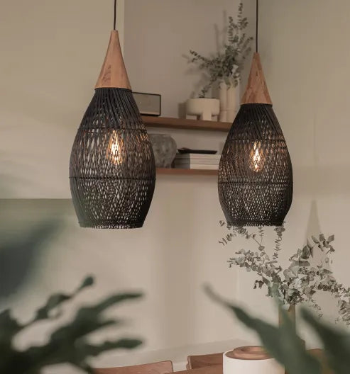 Kumori - Wabi-Sabi Pendant Lamp in Japandi Style – Handmade Drum Lamp with Wooden Shade